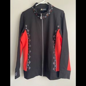 Christine Alexander Crystal Rhinestone Black Red Spa Zip Up Jacket L Large